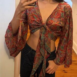 Vintage 100% silk paisley tie crop top